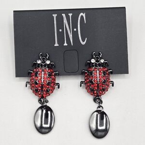 INC Ladybug Earrings Gunmetal with Red & Clear Crystals NWT